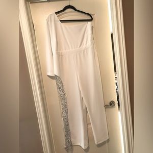 Country Glam, Ladies, White, One Shoulder, Crystal Embellished, Jumpsuit. XL